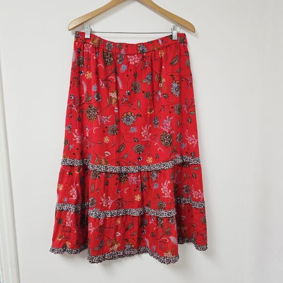 J Jill Skirt Medium Tiered Midi Red Floral Western Boho Lined Cottage Pull-On - Picture 1 of 11